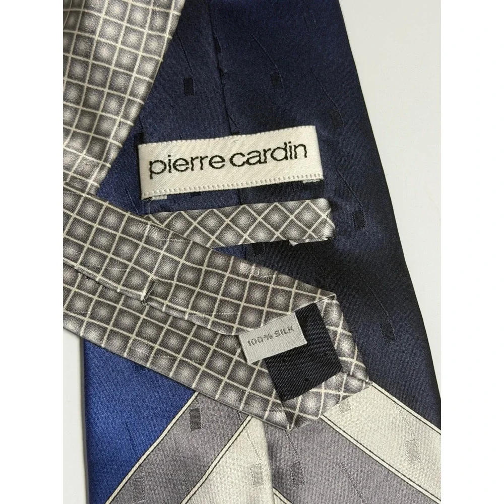 VTG Pierre Cardin Necktie Silver Blue Geometric Chevron Silk Formal Mens OS